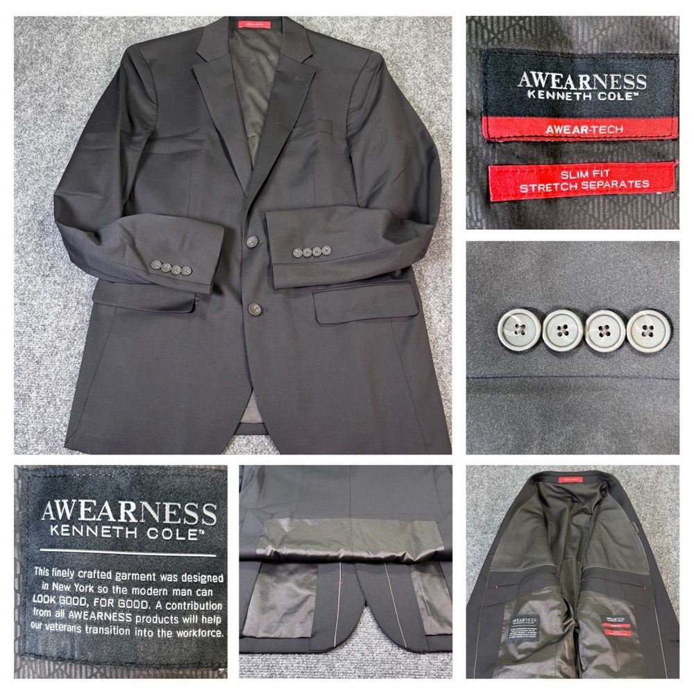 Awearness Kenneth Cole Blazer Mens 40 Long Black Slim Fit Awear-Tech Wool Blend